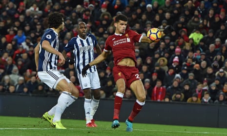 Liverpool’s Dominic Solanke knocks in what he thought was a late winner against West Bromwich Albion with his hand. 
