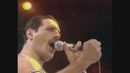 Freddie Mercury performing with Queen at Wembley for Live Aid in 1985.