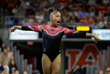 Nyla Aquino of the Georgia Bulldogs competes on the floor during a meet against the Auburn Tigers in February 2025.
