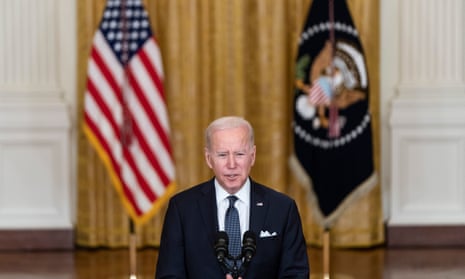 President Joe Biden speaks while providing an update on Russia and Ukraine in the East Room of the White House