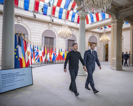 French president Emmanuel Macron and Ukraine’s President Volodymyr Zelenskyy arrive for a meeting with other international leaders during the Coalition of the Willing Summit, at the Élysée Palace in Paris in September.