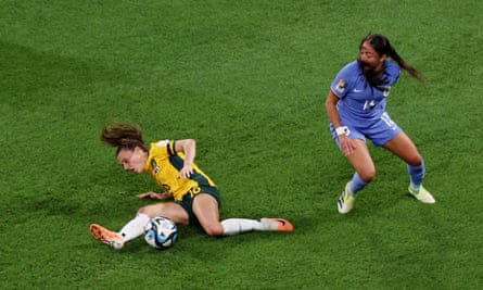Selma Bacha (right) battles with Hayley Raso.