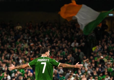 Troy Parrott of Republic of Ireland celebrates after scoring his side's first goal against Austria.