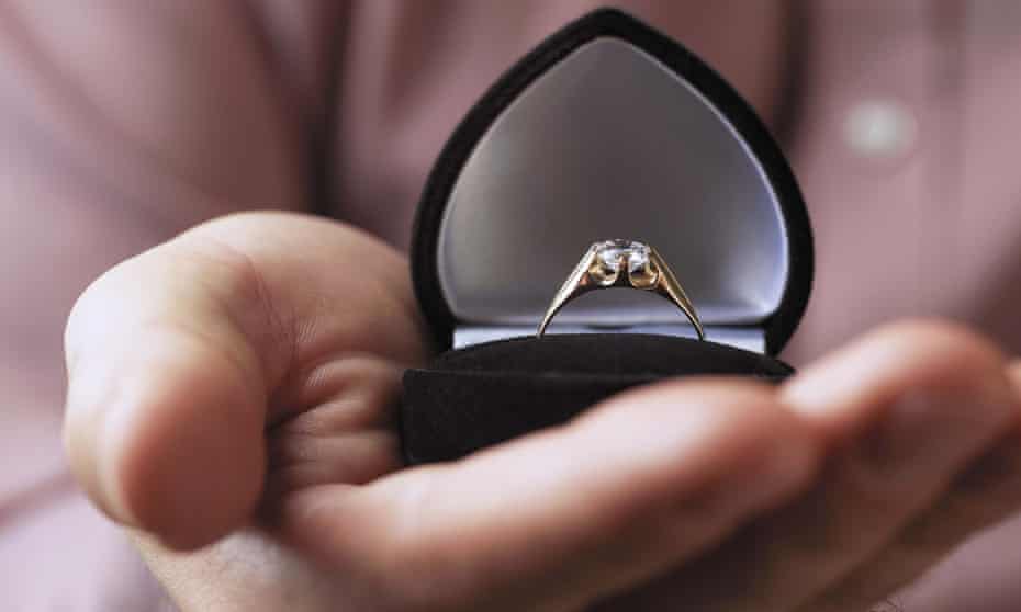 Close-up of hand holding engagement ring