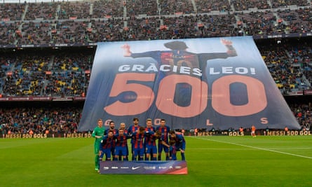 Barcelona fans celebrate Lionel Messi’s 500 goals for the club before the game against Osasuna in April. He went on to score two goals that night in a 7-1 rout.