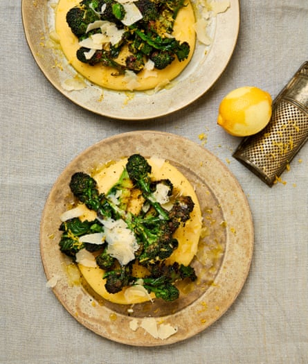 Ravinder Bhogal’s soft cheesy polenta with charred purple sprouting broccoli, anchovy and lemon