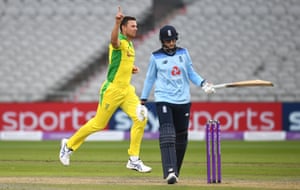 Josh Hazlewood celebrates the wicket of Joe Root.