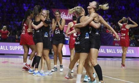 New Zealand players celebrate after beating England in the Netball World Cup semi-final.