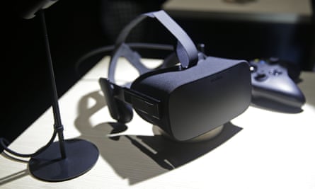The new Oculus Rift virtual reality headset on display following a news conference in San Francisco. The device combines HD lenses with head tracking technologies to provide an immersive VR experience
