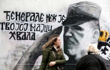 A mural of former Bosnian Serb military chief Ratko Mladic in Belgrade. The mural was painted in July 2021, shortly after Mladic was sentenced to life imprisonment for the massacre of some 8,000 Muslims in Srebrenica and other war crimes.