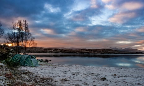 Wild camping on by Loch Laidon on Rannoch Moor, Scotland.