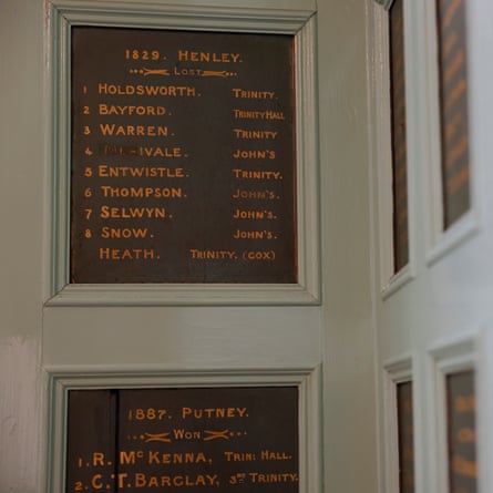 The upstairs room at the Goldie boathouse which commemorates Cambridge crews that have competed in the Boat Race from 1829.