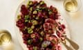 Yotam Ottolenghi's beetroot pkhali with marinated beetroot and olive salsa.