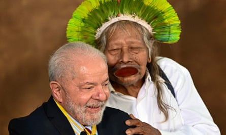 Luiz Inácio Lula da Silva with Raoni Metuktire Kayapó at a ceremony to celebrate world environment day in Brasilia in June.
