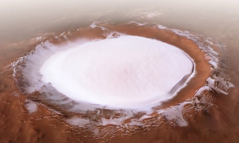 A composite picture of the Korolev crater in the northern lowlands of Mars, made from images taken by the Mars Express High Resolution Stereo Camera overlaid on a digital terrain model.