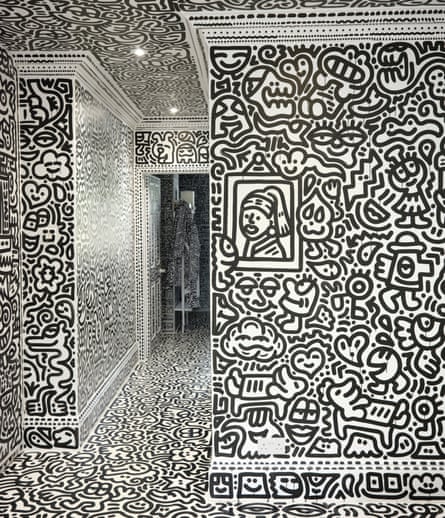 The black and white doodled home of Mr Doodle, aka the artist Sam Cox