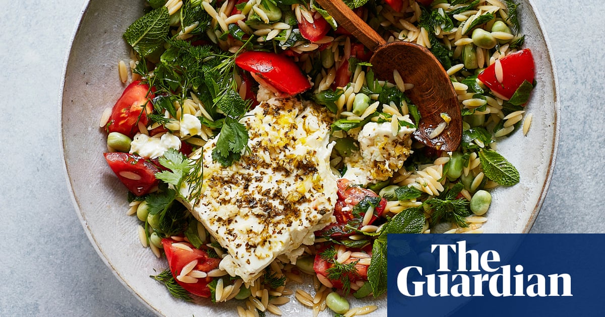 Thomasina Miers’ recipe for kritharaki, broad beans and tomato with baked feta