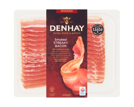 A packet of Denhay Smoked streaky Bacon. There is a clear back and the rashers are clearly visible with a branded label wrapped around the middle.