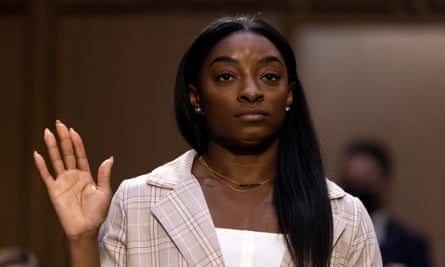 Simone Biles is sworn in during a US Senate judiciary committee hearing about the inspector general’s report on the FBI’s handling of the Larry Nassar investigation