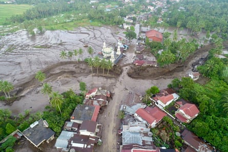 Aerial view of flash floods and cold lava flow from a volcano in Tanah Datar,