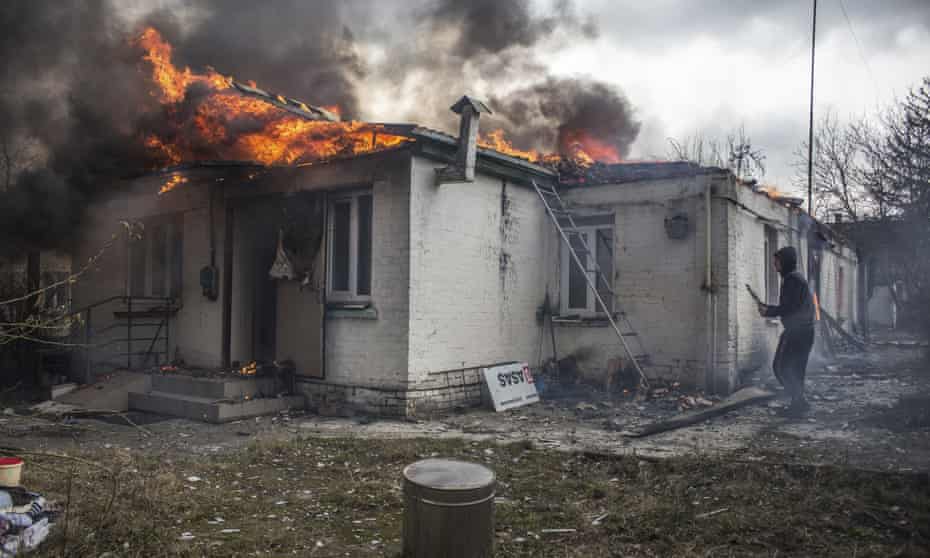 A house on fire following shelling on the town of Irpin, west of Kyiv, Ukraine.