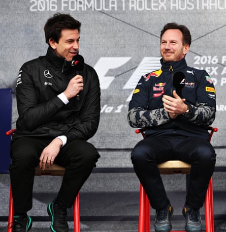 Toto Wolff and Christian Horner on stage during practice before the 2016 Australian Grand Prix