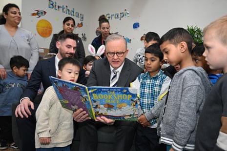 Anthony Albanese reads to children at the Goodstart early learning centre in Croydon South.
