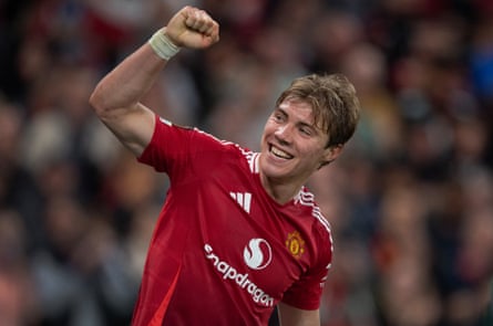 Rasmus Højlund celebrates scoring in the Europa League semi-final second leg between Manchester United and Athletic Bilbao in May 2025