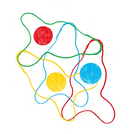 An illustration of a red, yellow and blue sphere looking rather like balls of wool