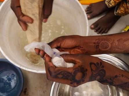Women at the ‘safe space’ at the Muna camp in Maidguri learn how to make soap to sell.