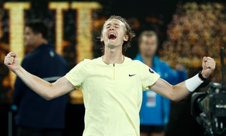 Sebastian Korda celebrates after beating Daniil Medvedev.