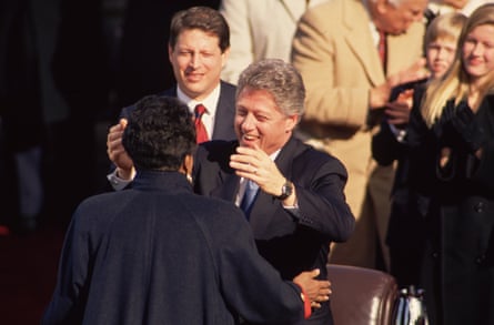 1993: Bill Clinton embraces the poet Maya Angelou after a reading at his inauguration ceremony.