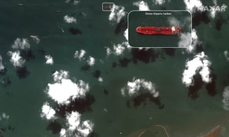 A satellite photo taken on 22 July of the oil tanker Stena Impero, anchored about three miles offshore from the Iranian port city of Bandar Abbas.