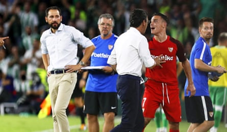 Roque Mesa reacts after being sent off.