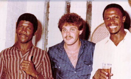 Richard Austin (right) with fellow rebel Lawrence Rowe (left) and a friend at a party during the first rebel tour of South Africa in 1983.