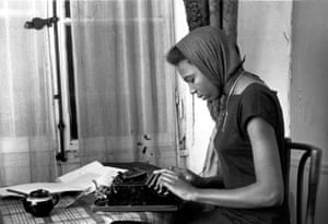 Verta Kali Smart working on her article Inside the Beat hotel for Left Bank This Month, which was sold to tourists on the streets of the Latin Quarter, January 1958