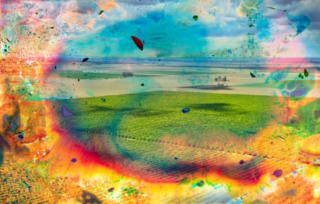 Aerial position of farmland overlaid pinch colorful absurd chemic stains