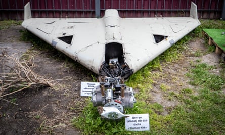 The remains of Shahed 136 at an exhibition showing remains of missiles and drones that Russia used to attack Kyiv.