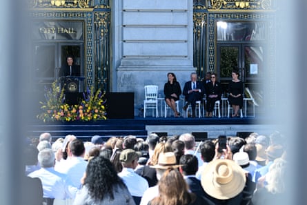 San Francisco mayor London Breed speaks during the memorial outside city hall in San Francisco, California, on 5 October.