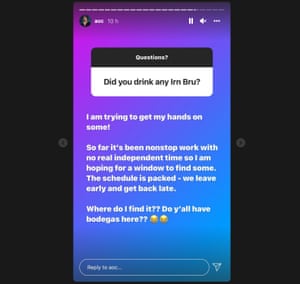 Alexandria Ocasio-Cortez responds to a question about Irn-Bru on Instagram