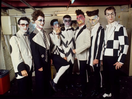 Split Enz in 1976 with crazy hair and black and white baggy suits