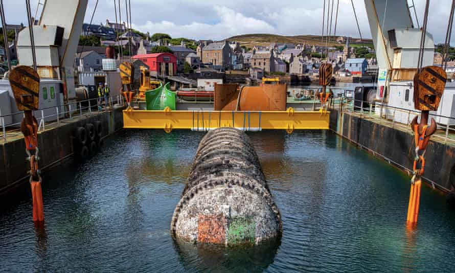 Microsoft's Northern Isles data center being pulled up from the sea bed off Scotland's Orkney Islands.