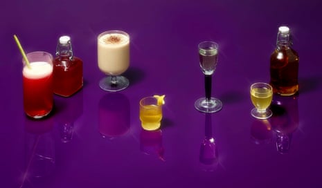 Mark Diacono's festive drinks gifts (left to right): raspberry and lemongrass shrub, ponche crema, St Clementscello, aquavit, krupnik, nutmeg syrup.