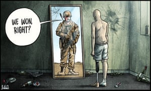 Ben Jennings cartoon 30.08.2021: amputee ex-soldier looks at younger self in mirror who is saying: 'We won, right?'