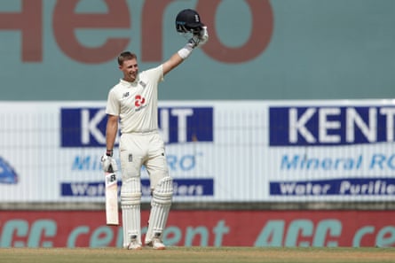 Joe Root celebrates after reaching 200 in the opening Test of England’s last tour of India in 2021. England won the Test but then lost the series 3-1.