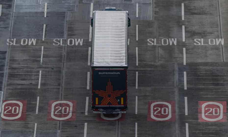 A lorry waiting at Dover port on New Year’s Day, the first day after the Brexit transition ended.