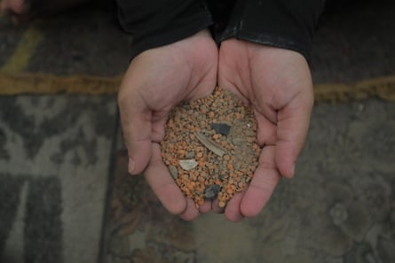 Two cupped hands hold some lentils mixed with bits of rubbish