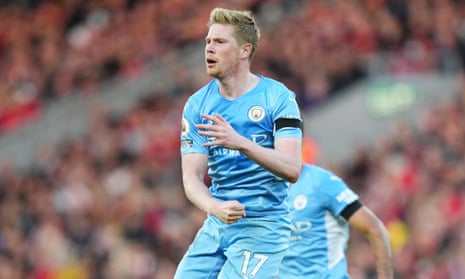 Kevin De Bruyne celebrates earning a point for Manchester City at Anfield.