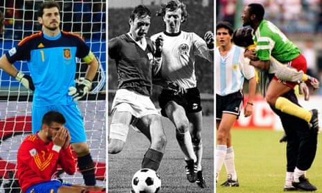 Spain lose to Switzerland in 2010, West Germany lose to East Germany in 1974, and Argentina lose to Cameroon in 1990