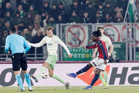 Bologna's Jonathan Rowe levels things up for the home side against Celtic.
